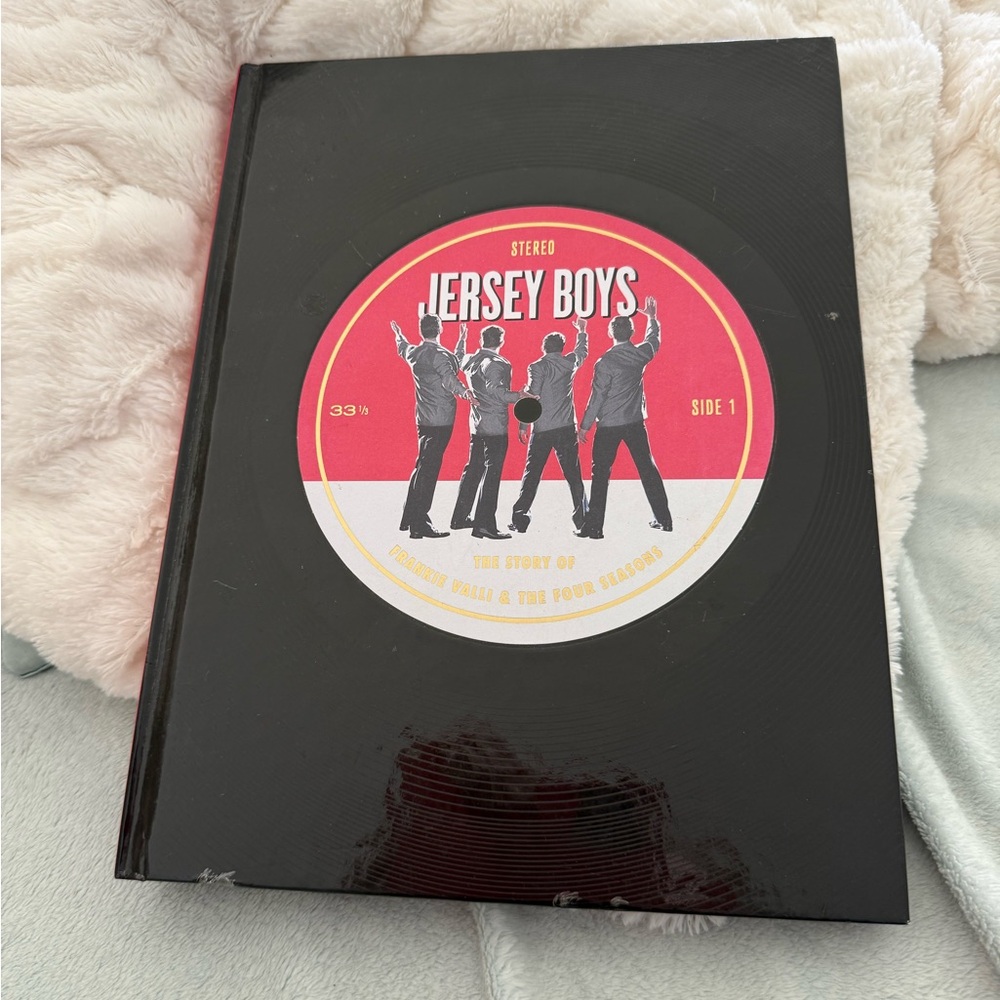 Jersey Boys Hardcover Book with Red & White Record Graphic